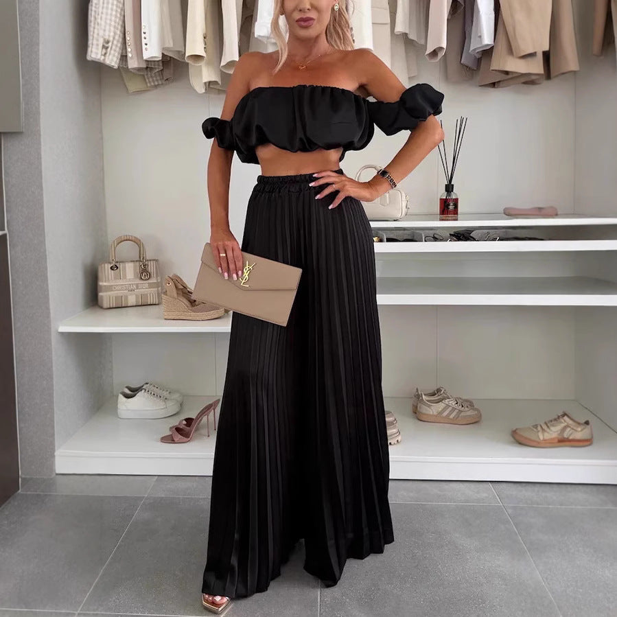 Women's Elegant Set with Flowy Top and Pleated Trousers