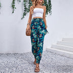 Women's Comfortable Cargo Pants with Tropical Pattern and Elastic Waistband