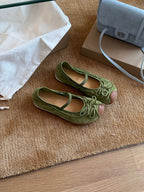 Women's Suede Ballet Flats with Strap and Decorative Bow