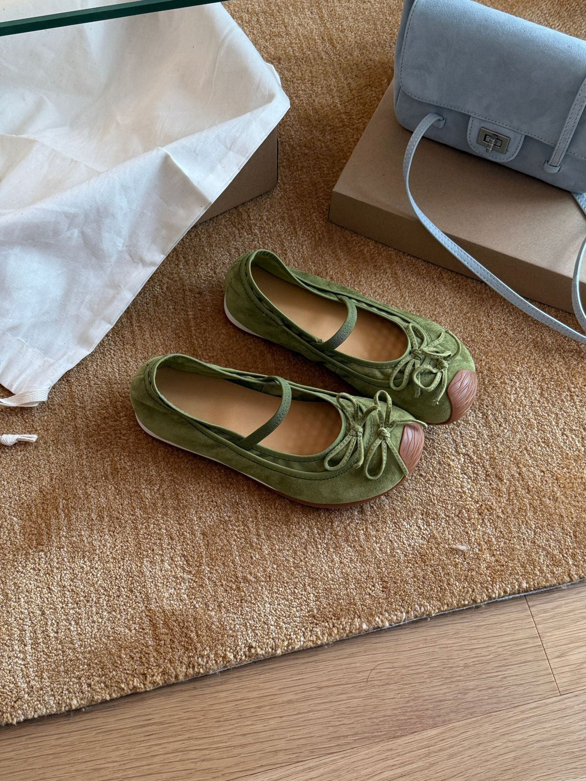 Women's Suede Ballet Flats with Strap and Decorative Bow