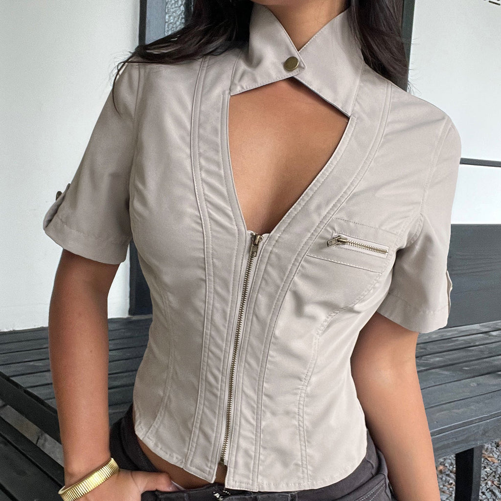 Women's Short-Sleeve Blouse with Refined Collar and Zipper