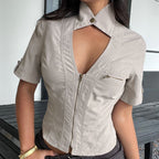 Women's Short-Sleeve Blouse with Refined Collar and Zipper