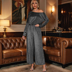 Elegant Women's Glitter One-Shoulder Jumpsuit with Wide Leg and Elastic Waist
