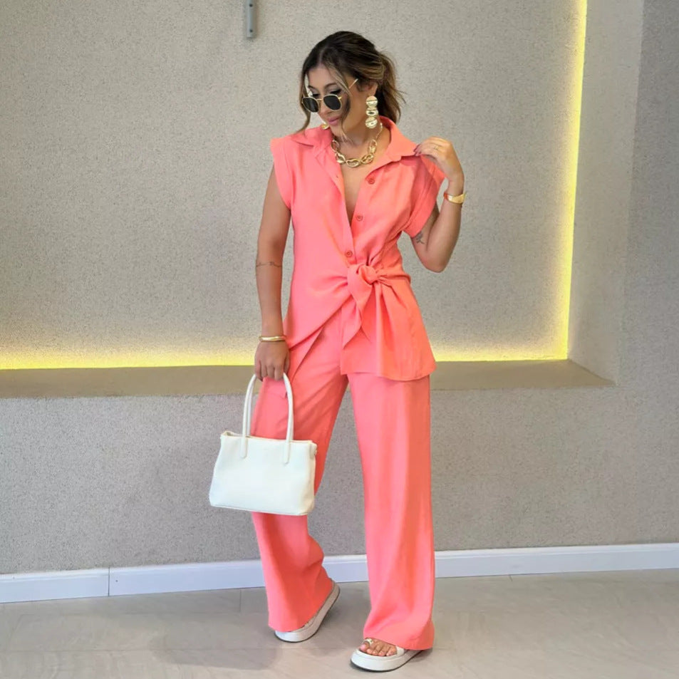Women's Casual Oversized Shirt with Tie Belt and Wide-Leg Pants