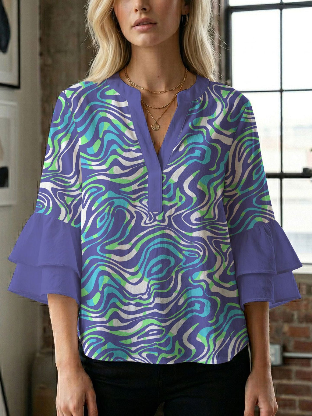 Women's Blouse with Voluminous Flutter Sleeves and Leaf Print