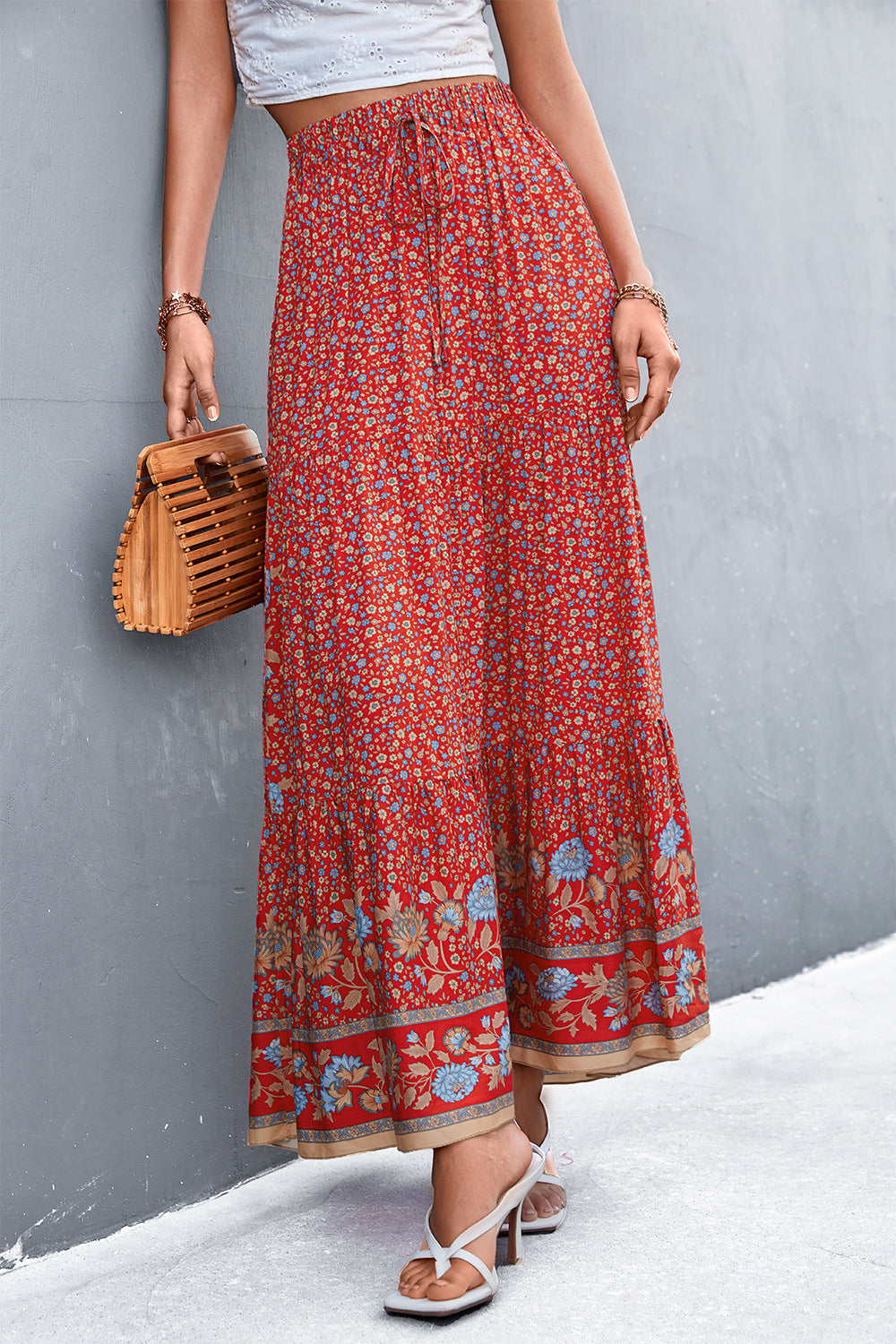 Floral Pattern Maxi Skirt with Elastic Waistband