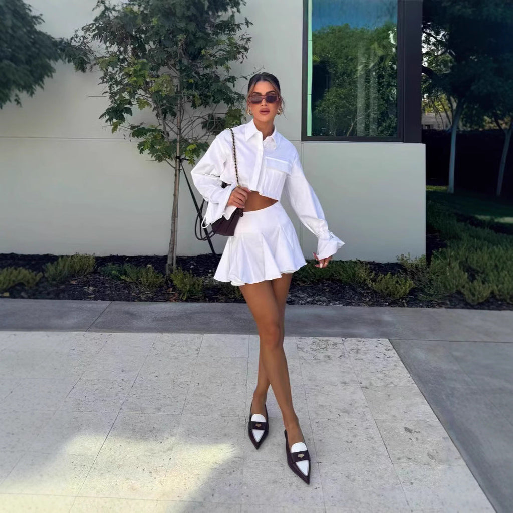 Women's Short-Sleeved Flowing Set with Cropped Blouse and Skirt