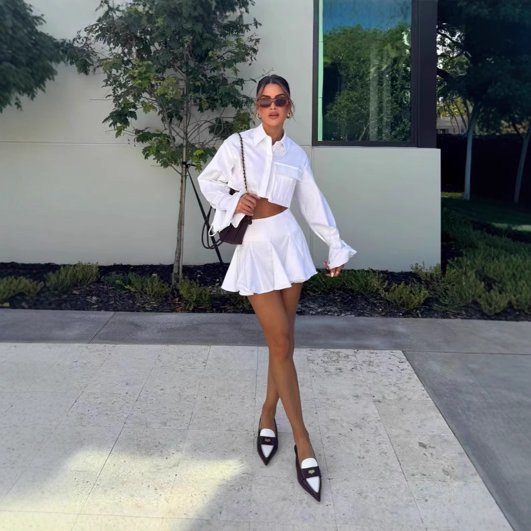 Women's Short-Sleeved Flowing Set with Cropped Blouse and Skirt