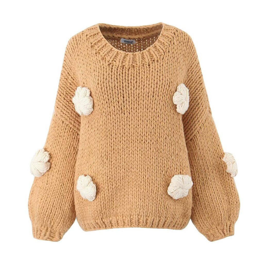 Women's Polka Dot Knit Sweater with Voluminous Sleeves and Floral Design