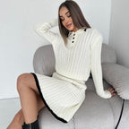 Women's Cable Knit Set with Polo Collar and A-Line Skirt