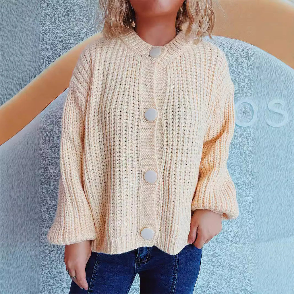 Women's Chunky Knit Cardigan with Balloon Sleeves and Decorative Buttons