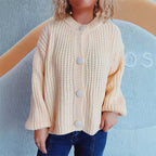 Women's Chunky Knit Cardigan with Balloon Sleeves and Decorative Buttons