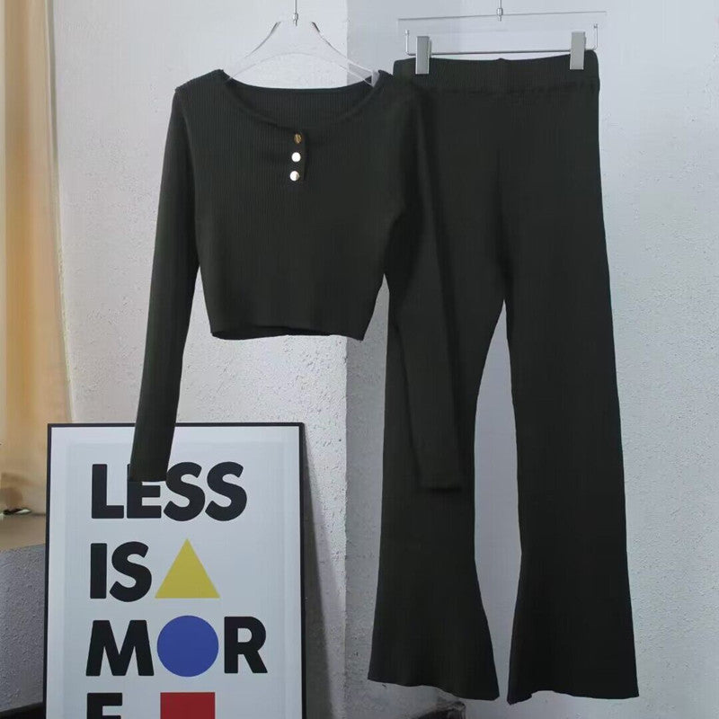 Women's Casual Knit Loungewear Set with Button Details and Wide Leg
