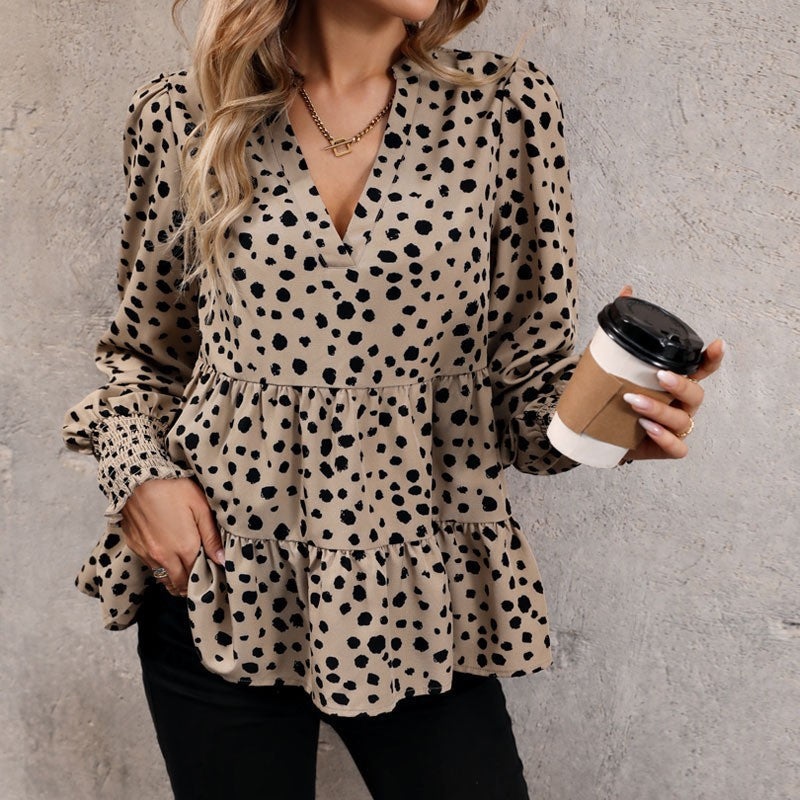 Women's Blouse with Voluminous Puff Sleeves and Casual Ruffle Design