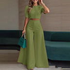 Elegant Short Puff-Sleeve Top and High-Waisted Palazzo Pants Set