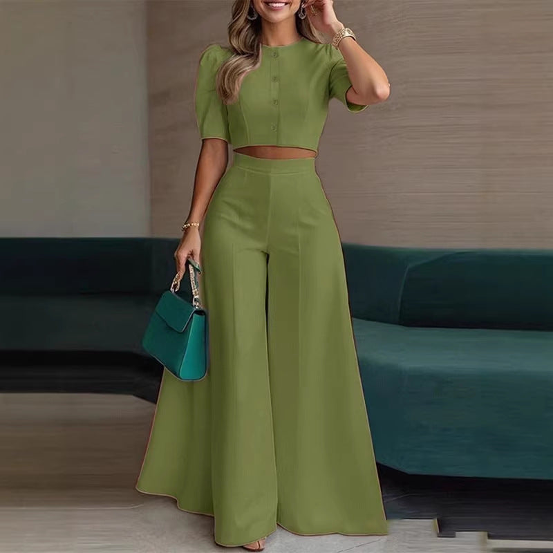 Elegant Short Puff-Sleeve Top and High-Waisted Palazzo Pants Set