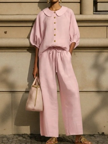 Women's Airy Two-Piece Set with Modern Collar and Button Details