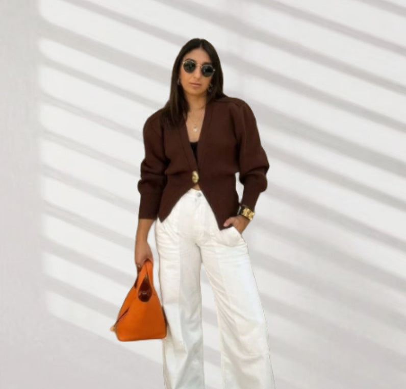Elegant V-Neck Cardigan with Decorative Button