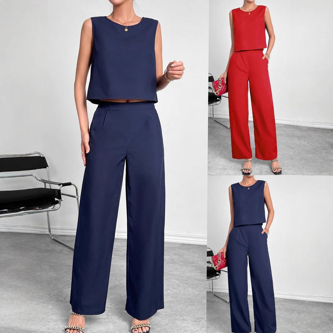 Women's Fashionable Two-Piece Set with Cropped Top and Wide-Leg Trousers