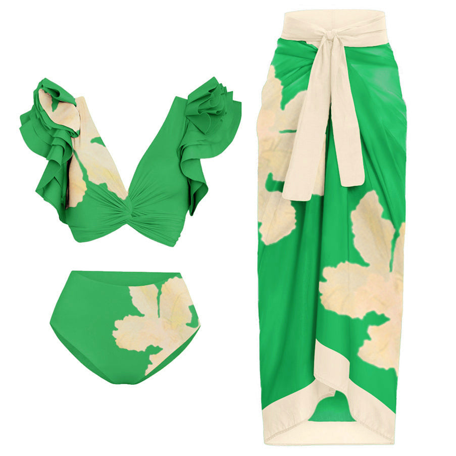 Women's Swimsuit with Voluminous Flutter Sleeves and Matching Wrap Skirt