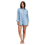Women's Short-Sleeve Denim Jumpsuit with Pockets