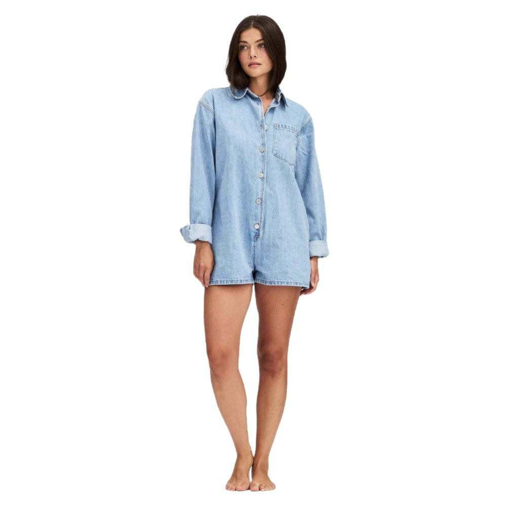 Women's Short-Sleeve Denim Jumpsuit with Pockets