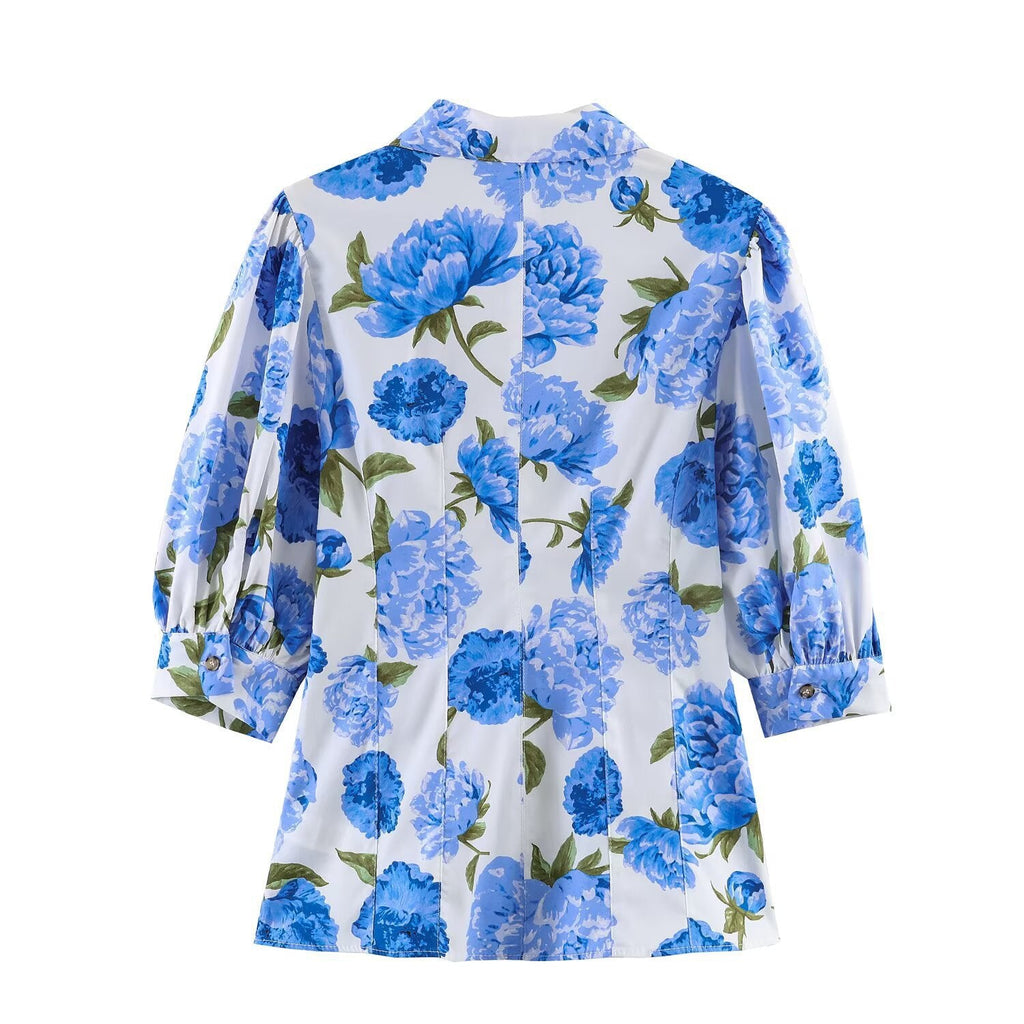 Women's Floral Blouse with Elegant Puff Sleeves