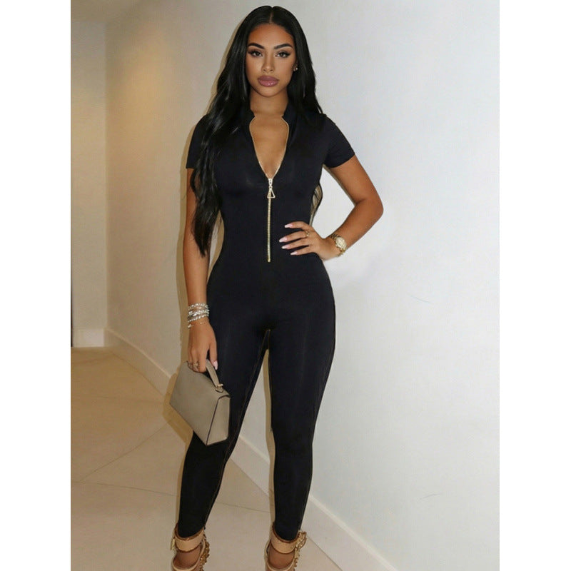 Women's Form-Fitting Jumpsuit with High Neckline and Zipper