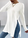 Women's Asymmetrical Long-Sleeve Top with Side Slits and Relaxed Fit