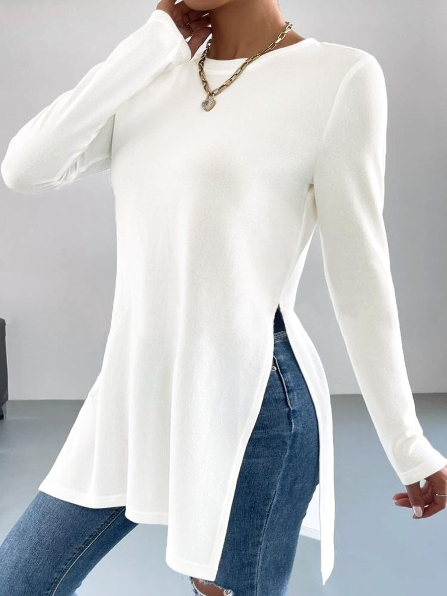 Women's Asymmetrical Long-Sleeve Top with Side Slits and Relaxed Fit