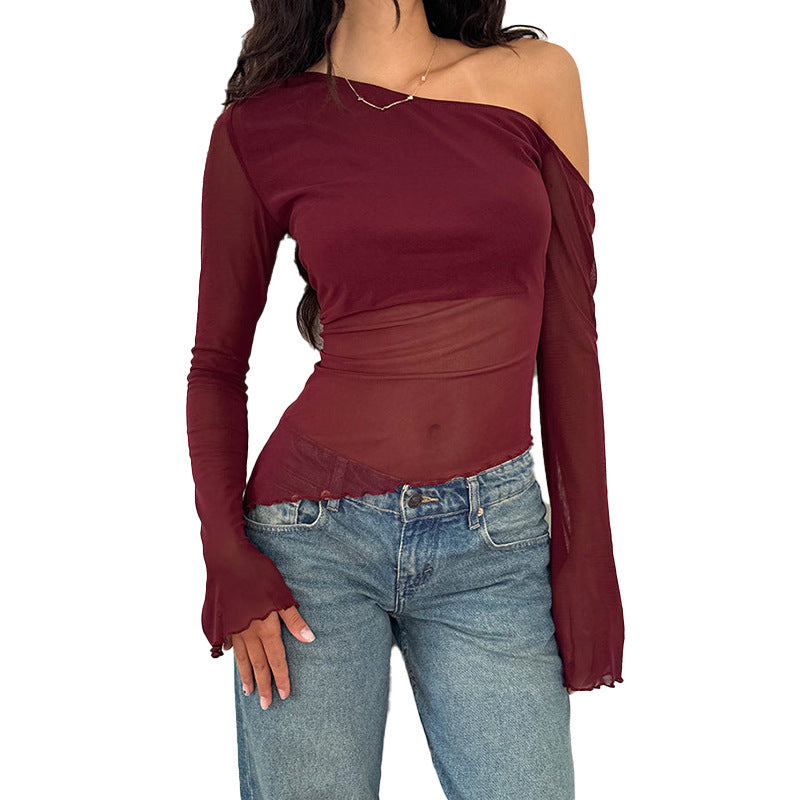 Women's Asymmetrical Long-Sleeve Shirt with Sheer Sleeves