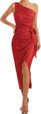 Women's Asymmetrical Evening Dress with Sequins and High Slit