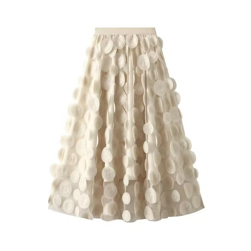 Flared Midi Skirt with Transparent 3D Appliqués and Elastic Waistband