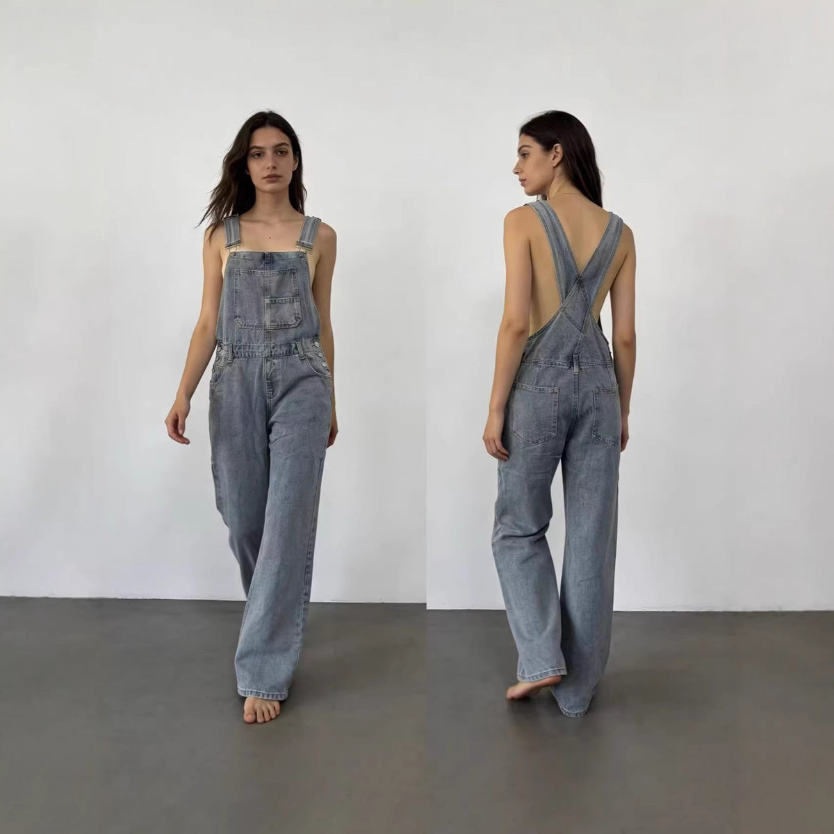 Women's Denim Overalls with Wide Leg and Low Back