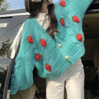 Women's Chunky Knit Cardigan with Floral Embroidery and Sparkling Buttons