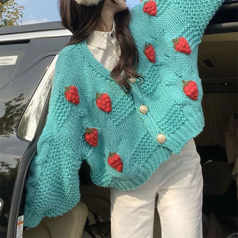 Women's Chunky Knit Cardigan with Floral Embroidery and Sparkling Buttons