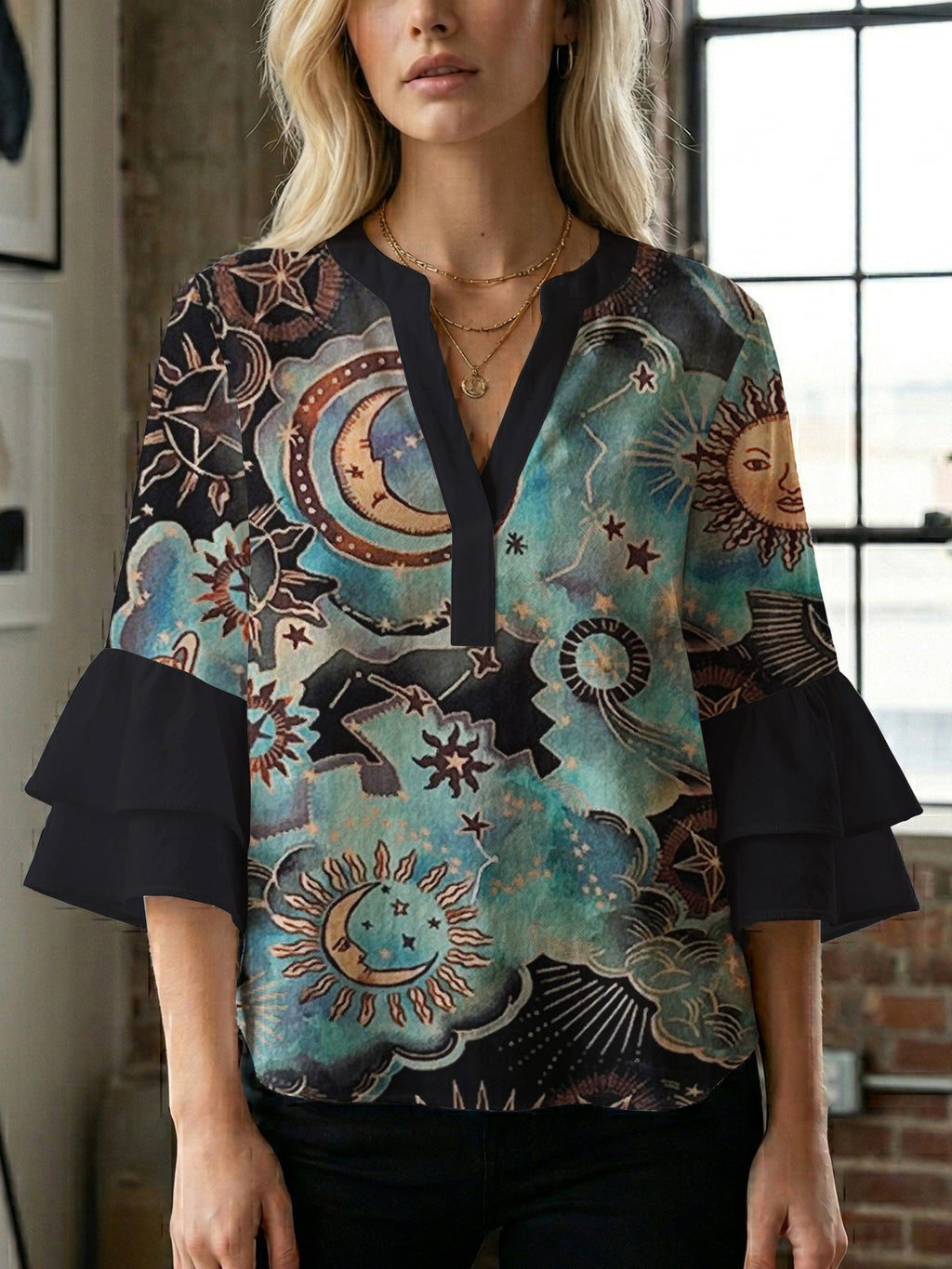 Casual Blouse with Ruffle Sleeves and Botanical Print