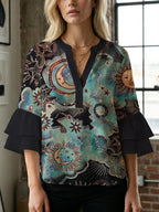 Casual Blouse with Ruffle Sleeves and Botanical Print