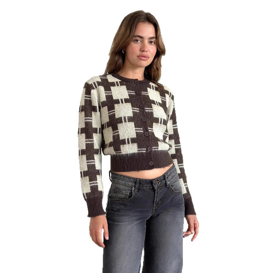 Women's Cropped Plaid Cardigan