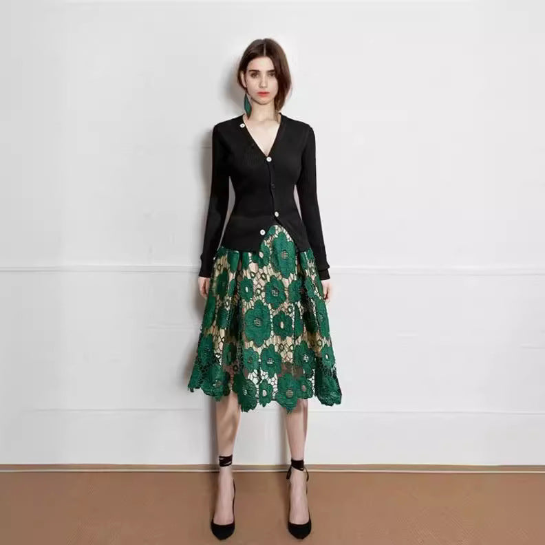 Flared Midi Skirt with Floral Lace Appliqué and Scalloped Hem