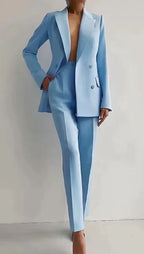Women's Elegant Double-Breasted Blazer and Tailored Trousers