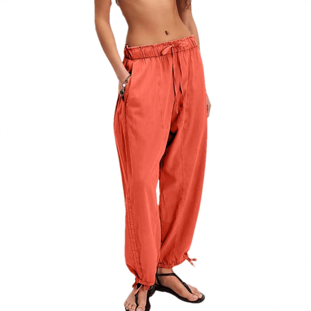 Women's Comfortable Casual Pants with Waistband and Decorative Lacing