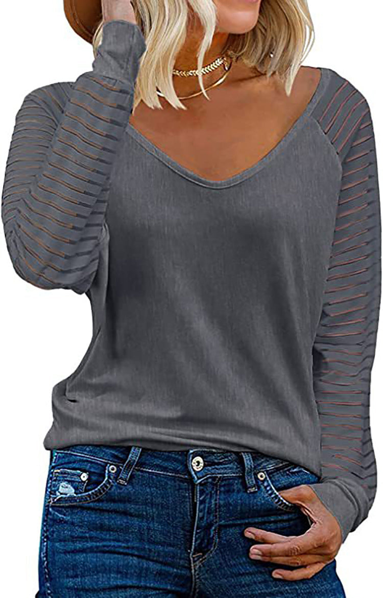 Women's Long-Sleeve V-Neck Shirt with Striped Sleeves
