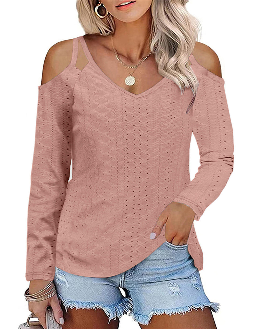 Women's Elegant Shirt with Cut-Out Shoulders and V-Neck