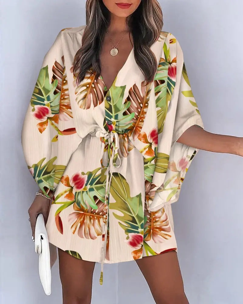 Women's Beach Dress with Elegant Waist Tie and Unique Pattern