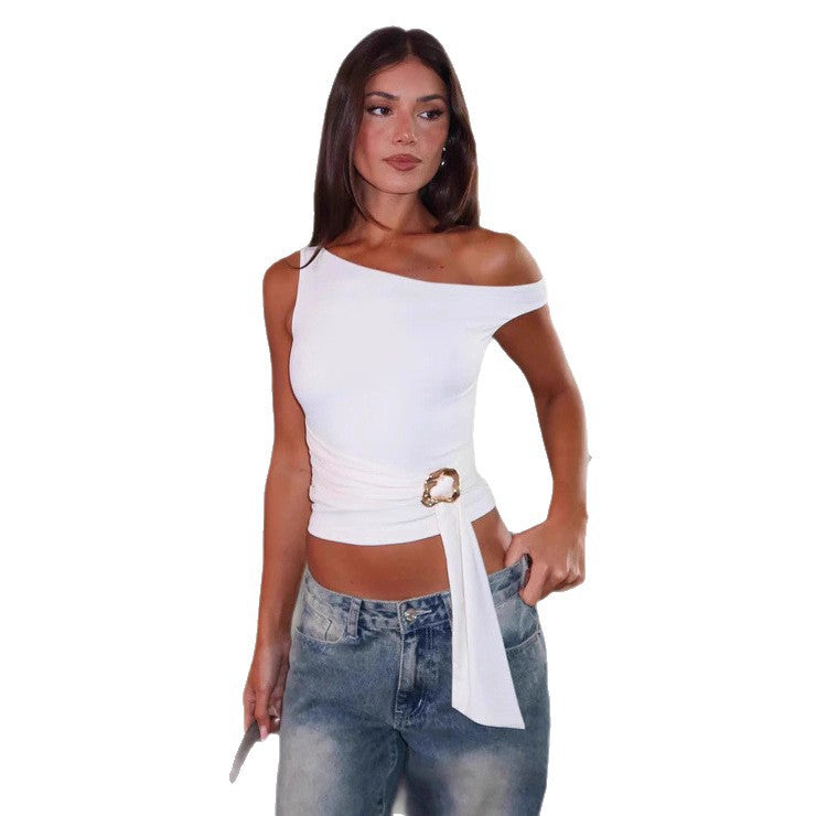 Women's Asymmetrical Top with Fashionable Belt