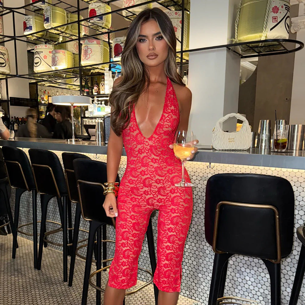 Elegant Lace Jumpsuit with Deep V-Neck and Side Slits