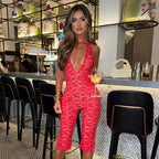 Elegant Lace Jumpsuit with Deep V-Neck and Side Slits