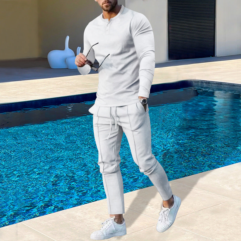 Men's nano athletic Henley long sleeve shirt and tapered jogging pants with decorative seams