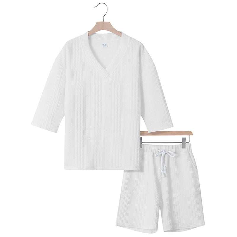 Unisex Casual Lounge Set with V-Neck Top and Drawstring Shorts